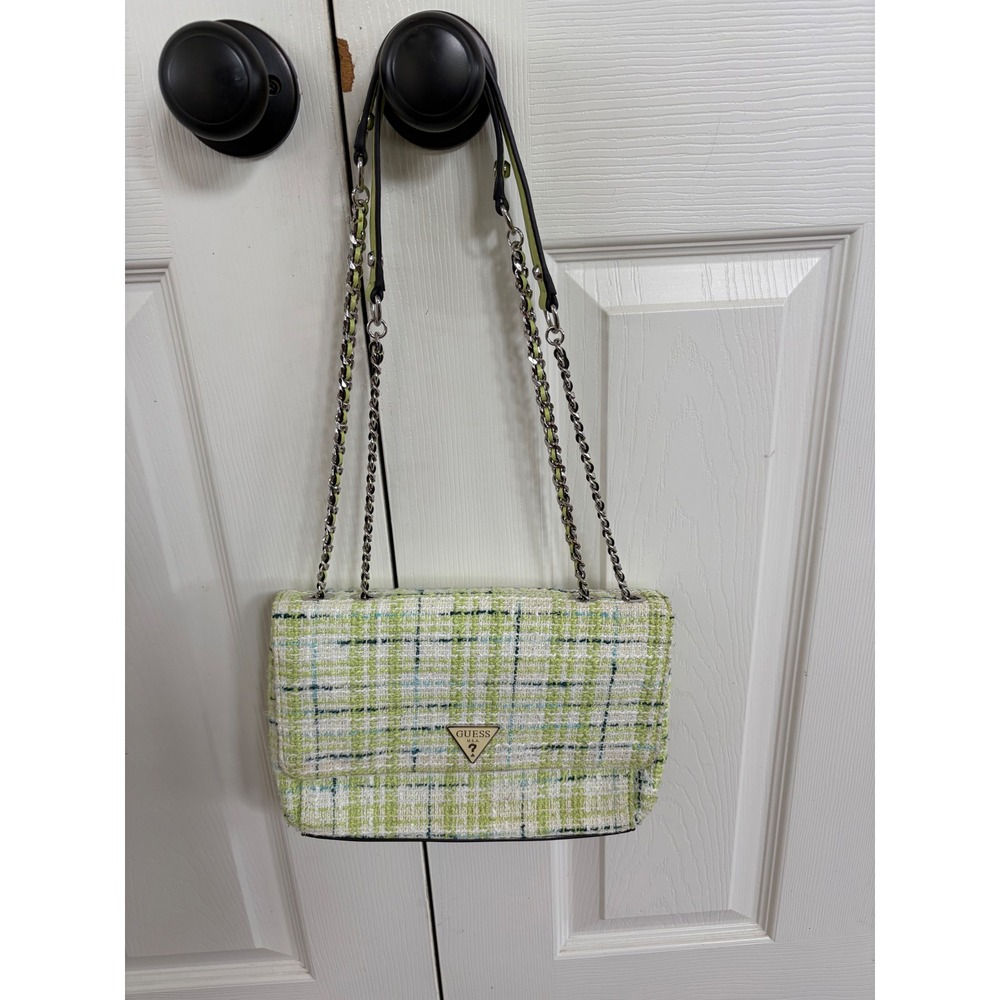 Guess Cessily Tweed Chain 2-Way Shoulder Bag In Lime Multi View 2